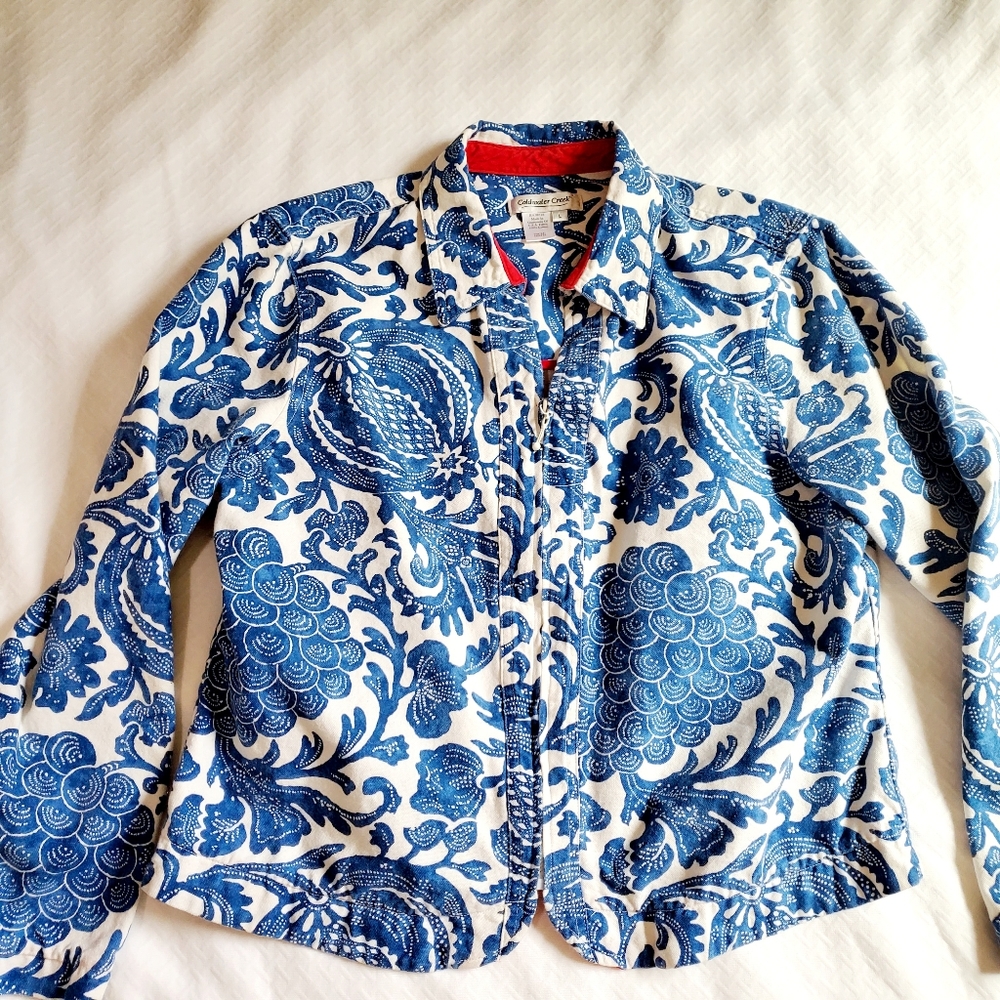 Coldwater Creek Jacket Zip Front Blue White Print